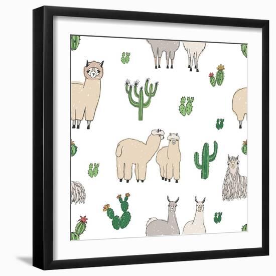 Hand Drawn Doodle Seamless Pattern with Alpaca, Llama, Cactuses-GoodStudio-Framed Art Print