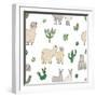 Hand Drawn Doodle Seamless Pattern with Alpaca, Llama, Cactuses-GoodStudio-Framed Art Print