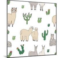 Hand Drawn Doodle Seamless Pattern with Alpaca, Llama, Cactuses-GoodStudio-Mounted Art Print