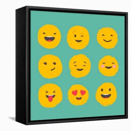 Hand Drawn Emoticons, Colorful Emoji Icons with Communication Speech Bubbles-Marish-Framed Stretched Canvas