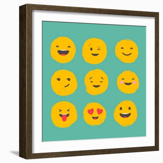 Hand Drawn Emoticons, Colorful Emoji Icons with Communication Speech Bubbles-Marish-Framed Art Print