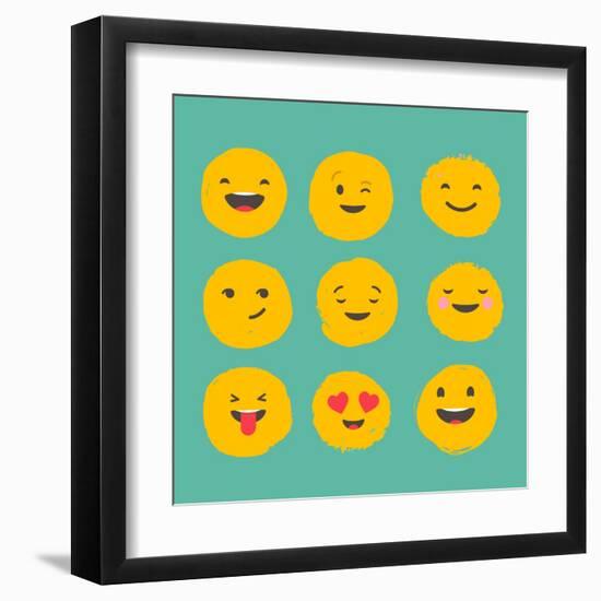 Hand Drawn Emoticons, Colorful Emoji Icons with Communication Speech Bubbles-Marish-Framed Art Print