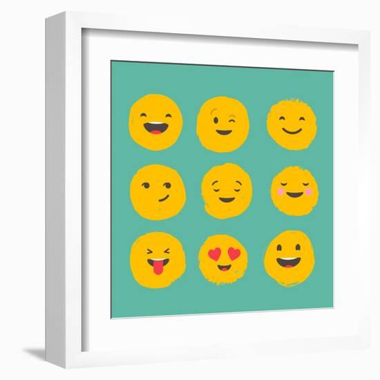 Hand Drawn Emoticons, Colorful Emoji Icons with Communication Speech Bubbles-Marish-Framed Art Print