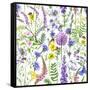 Hand Drawn Floral Seamless Pattern Made with Watercolor Pink, Violet and Lilac Wildflowers, Bees An-Val_Iva-Framed Stretched Canvas