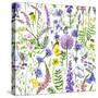 Hand Drawn Floral Seamless Pattern Made with Watercolor Pink, Violet and Lilac Wildflowers, Bees An-Val_Iva-Stretched Canvas