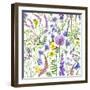 Hand Drawn Floral Seamless Pattern Made with Watercolor Pink, Violet and Lilac Wildflowers, Bees An-Val_Iva-Framed Art Print