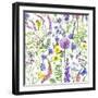 Hand Drawn Floral Seamless Pattern Made with Watercolor Pink, Violet and Lilac Wildflowers, Bees An-Val_Iva-Framed Art Print