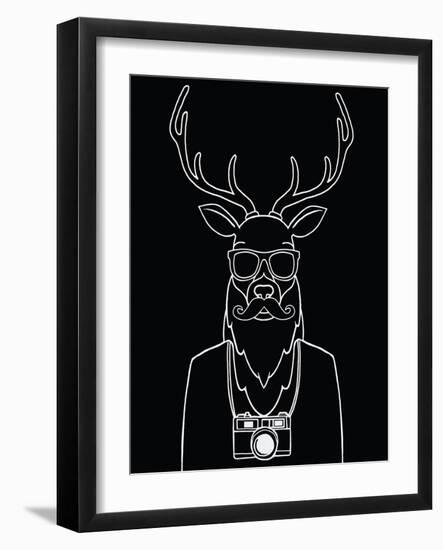 Hand Drawn Hipster Deer in Sunglasses, Camera, Mustache and Scarf,Concept Winter Illustration, Merr-9george-Framed Art Print