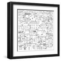 Hand Drawn Houses Black and White Vector Illustration. Card, Poster, Background Drawing Doodle .-KOSHKO-Framed Art Print