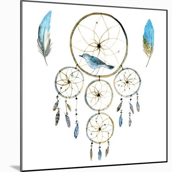 Hand Drawn Illustration of Dreamcatcher.Ethnic Illustration with Native American Indian Watercolor-Irina Usmanova-Mounted Art Print