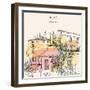 Hand Drawn Illustration of Multicolored Houses with Shutters and Trees in the Old Town of Nice, Fre-babayuka-Framed Art Print