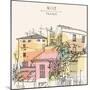 Hand Drawn Illustration of Multicolored Houses with Shutters and Trees in the Old Town of Nice, Fre-babayuka-Mounted Art Print