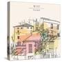 Hand Drawn Illustration of Multicolored Houses with Shutters and Trees in the Old Town of Nice, Fre-babayuka-Stretched Canvas