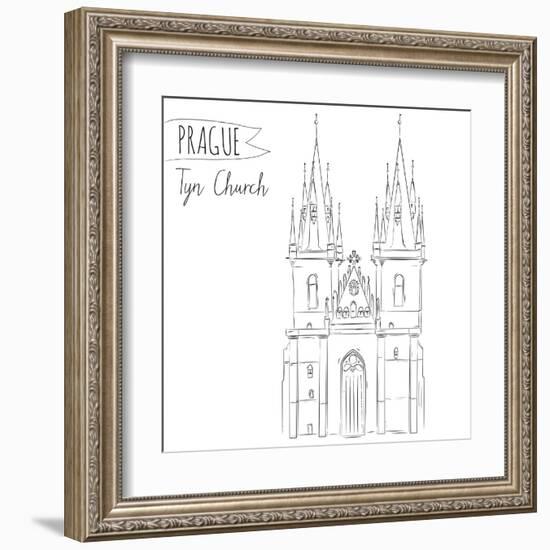 Hand Drawn Illustration of Tyn Church Building in Prague, Czech Republic.-kotoko-Framed Art Print