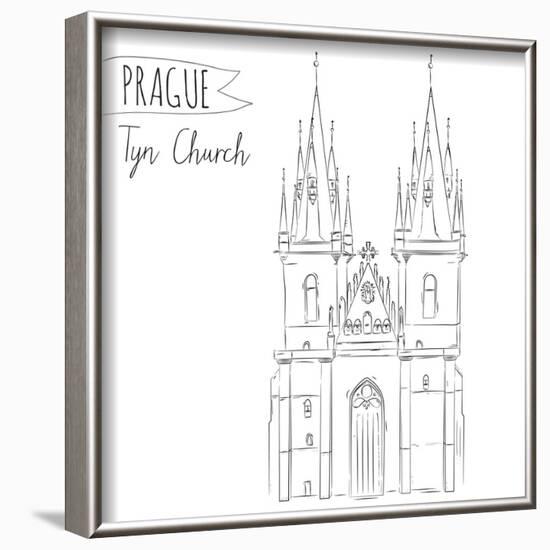 Hand Drawn Illustration of Tyn Church Building in Prague, Czech Republic.-kotoko-Framed Art Print