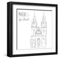 Hand Drawn Illustration of Tyn Church Building in Prague, Czech Republic.-kotoko-Framed Art Print