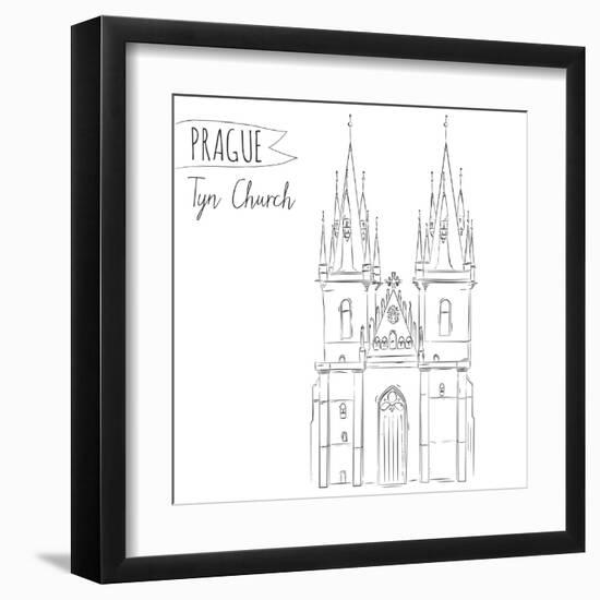 Hand Drawn Illustration of Tyn Church Building in Prague, Czech Republic.-kotoko-Framed Art Print