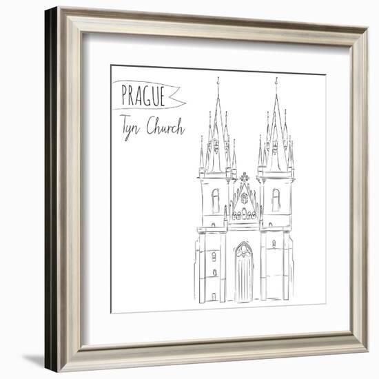 Hand Drawn Illustration of Tyn Church Building in Prague, Czech Republic.-kotoko-Framed Art Print