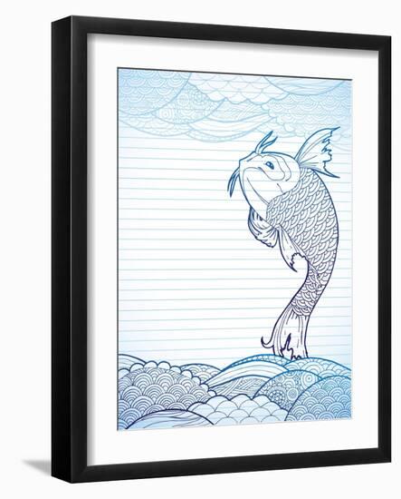 Hand Drawn Koi and Waves on Lined Paper.-artplay-Framed Art Print