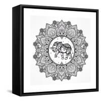 Hand Drawn Ornate Paisley Mandala with Elephant Inside. Ideal Ethnic Background, Tattoo Art, Yoga,-Katja Gerasimova-Framed Stretched Canvas