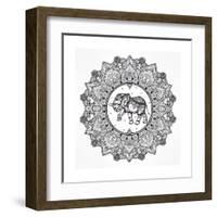 Hand Drawn Ornate Paisley Mandala with Elephant Inside. Ideal Ethnic Background, Tattoo Art, Yoga,-Katja Gerasimova-Framed Art Print