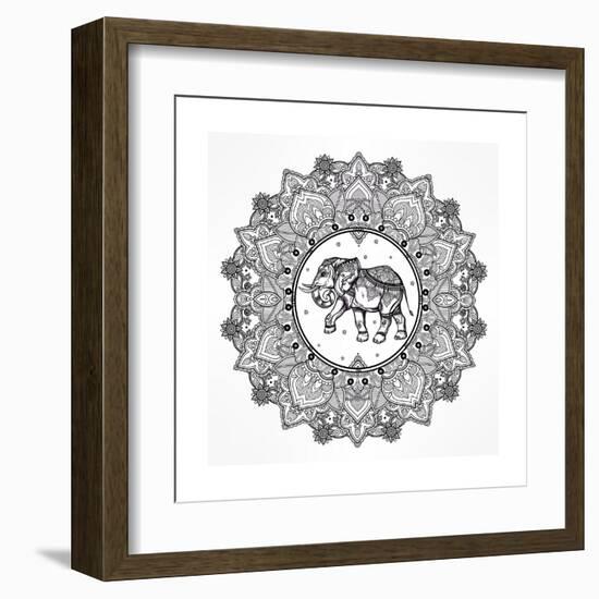 Hand Drawn Ornate Paisley Mandala with Elephant Inside. Ideal Ethnic Background, Tattoo Art, Yoga,-Katja Gerasimova-Framed Art Print