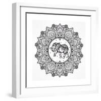 Hand Drawn Ornate Paisley Mandala with Elephant Inside. Ideal Ethnic Background, Tattoo Art, Yoga,-Katja Gerasimova-Framed Premium Giclee Print