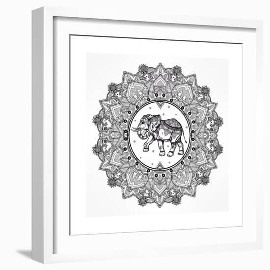 Hand Drawn Ornate Paisley Mandala with Elephant Inside. Ideal Ethnic Background, Tattoo Art, Yoga,-Katja Gerasimova-Framed Premium Giclee Print