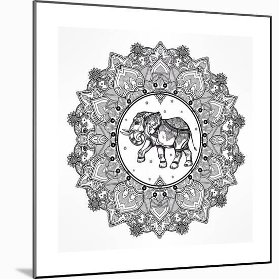 Hand Drawn Ornate Paisley Mandala with Elephant Inside. Ideal Ethnic Background, Tattoo Art, Yoga,-Katja Gerasimova-Mounted Premium Giclee Print