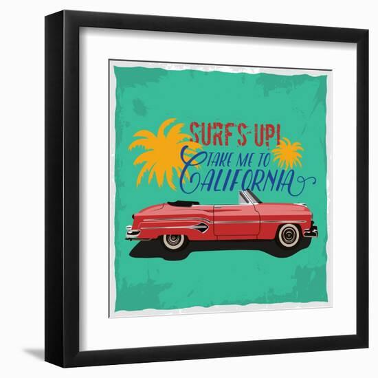 Hand Drawn Retro Car with a Text 'Take Me to California', T-Shirt Design-Heather_insane-Framed Art Print