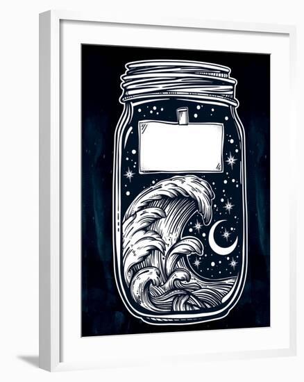 Hand Drawn Romantic Wish Jar with Night Sky and Water Waves in the Sea or Ocean . Vector Illustrati-Katja Gerasimova-Framed Art Print