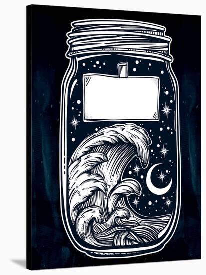 Hand Drawn Romantic Wish Jar with Night Sky and Water Waves in the Sea or Ocean . Vector Illustrati-Katja Gerasimova-Stretched Canvas