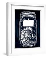 Hand Drawn Romantic Wish Jar with Night Sky and Water Waves in the Sea or Ocean . Vector Illustrati-Katja Gerasimova-Framed Art Print