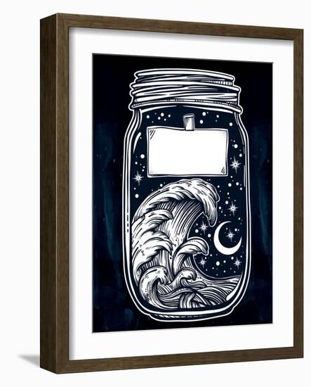 Hand Drawn Romantic Wish Jar with Night Sky and Water Waves in the Sea or Ocean . Vector Illustrati-Katja Gerasimova-Framed Art Print