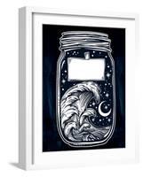 Hand Drawn Romantic Wish Jar with Night Sky and Water Waves in the Sea or Ocean . Vector Illustrati-Katja Gerasimova-Framed Art Print