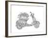 Hand-Drawn Scooter with Ethnic Floral Doodle Pattern. Coloring Page - Zendala, Design for Spiritual-Evgeniya Anfimova-Framed Art Print
