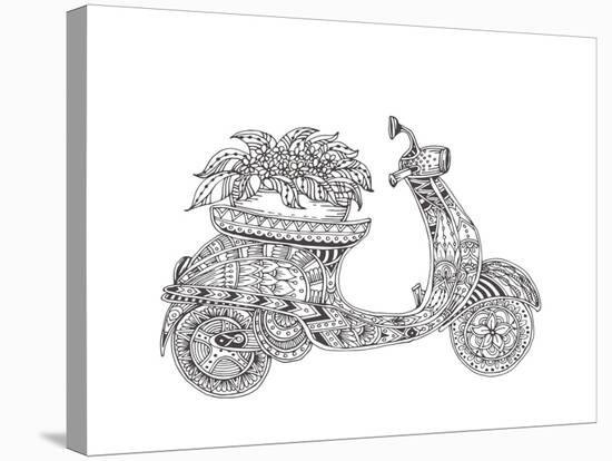 Hand-Drawn Scooter with Ethnic Floral Doodle Pattern. Coloring Page - Zendala, Design for Spiritual-Evgeniya Anfimova-Stretched Canvas