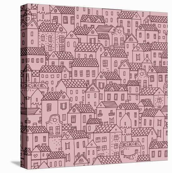 Hand-Drawn Seamless Pattern with Cute European Town. Vector Texture with Small Houses.-smilewithjul-Stretched Canvas