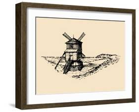 Hand Drawn Sketch of Rustic Windmill at Seashore. Vector Rural Landscape Illustration. European Cou-Vlada Young-Framed Art Print