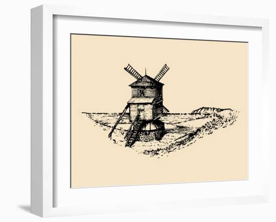 Hand Drawn Sketch of Rustic Windmill at Seashore. Vector Rural Landscape Illustration. European Cou-Vlada Young-Framed Art Print