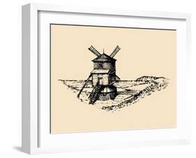 Hand Drawn Sketch of Rustic Windmill at Seashore. Vector Rural Landscape Illustration. European Cou-Vlada Young-Framed Art Print