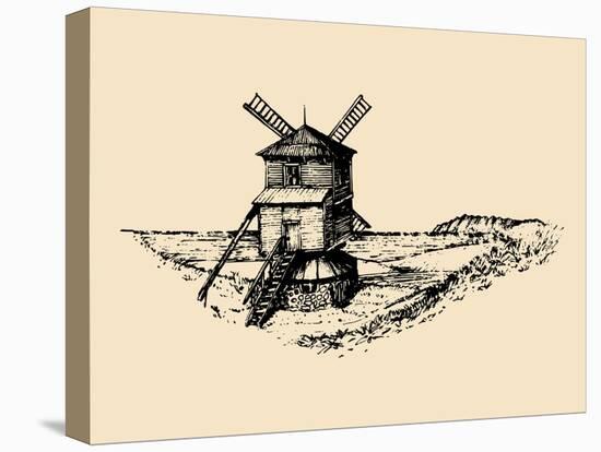 Hand Drawn Sketch of Rustic Windmill at Seashore. Vector Rural Landscape Illustration. European Cou-Vlada Young-Stretched Canvas