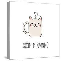 Hand Drawn Vector Illustration of a Kawaii Funny Steaming Mug Cup with Cat Ears, Text Good Meowning-null-Stretched Canvas