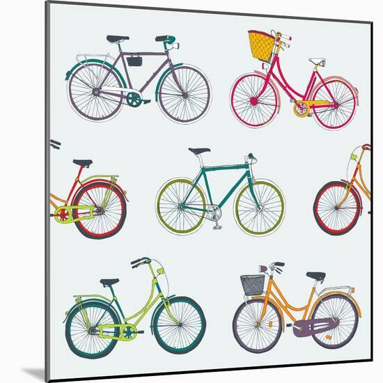 Hand Drawn Vector Seamless Pattern with Colorful City Bikes-Nine Homes-Mounted Art Print