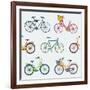 Hand Drawn Vector Seamless Pattern with Colorful City Bikes-Nine Homes-Framed Art Print