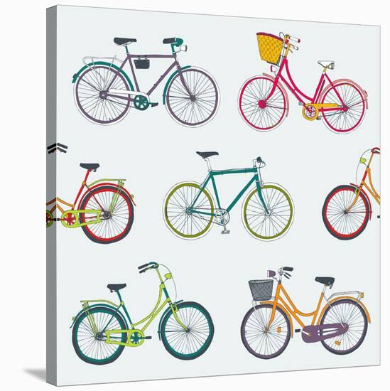 Hand Drawn Vector Seamless Pattern with Colorful City Bikes-Nine Homes-Stretched Canvas