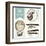 Hand-Drawn Vintage Aircraft Illustrations - Hot Air Balloon, Airplane and Biplane-shootandwin-Framed Art Print