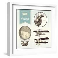 Hand-Drawn Vintage Aircraft Illustrations - Hot Air Balloon, Airplane and Biplane-shootandwin-Framed Art Print