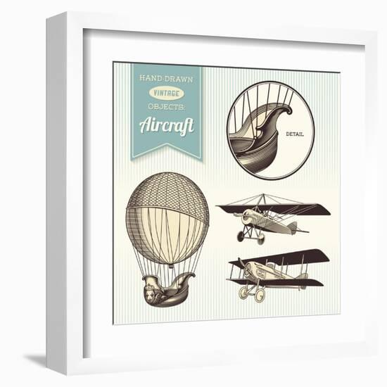 Hand-Drawn Vintage Aircraft Illustrations - Hot Air Balloon, Airplane and Biplane-shootandwin-Framed Art Print