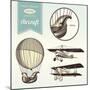 Hand-Drawn Vintage Aircraft Illustrations - Hot Air Balloon, Airplane and Biplane-shootandwin-Mounted Art Print